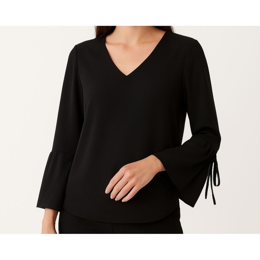 43 Ro & De Women's Blouse XS Black V-Neck Long Bell Sleeve Tie Cuff Pullover